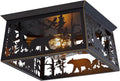 Rustic Bear Flush Mount Ceiling Light Fixture, Farmhouse Vintage Industrial Metal Cage Light Perfect for Kitchen, Dining Room, Foyer Entryway,