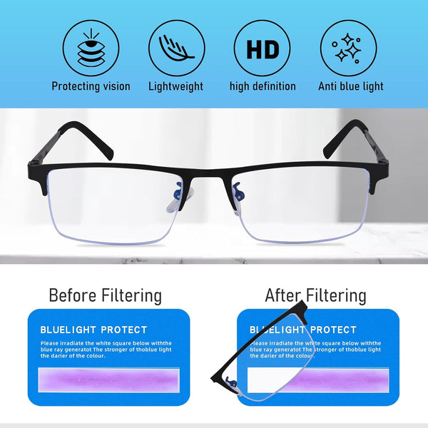 Blue Light Blocking Glasses, Lightweight Metal Half Frame Computer Reading/Gaming/TV/Phones Glasses,Filter UV Ray/Computer Glare with Spring Hinge