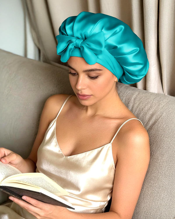 BONNET QUEEN Double Layer Silk Bonnet for Sleeping for Women Satin Lined Bonnet Night Cap for Curly Hair with Tie Band, Single Layer, Aqua Blue