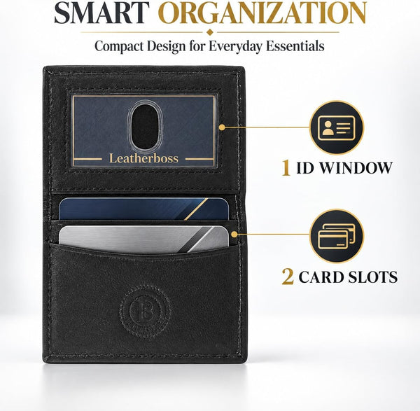Leatherboss Genuine Leather Small Slim Bifold Wallet | Credit, Debit, ID Card Holder | Compact & Stylish with Clear ID Windows | Gift for Men, Black