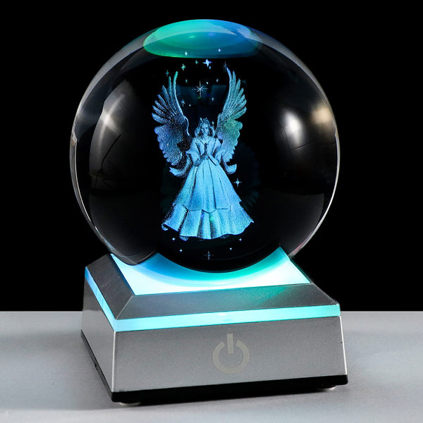 Ornalrist 3D Guardian Angel Figurines K9 Crystal Ball with Silver LED Base Memorial Angel Gifts for Friends Women Glass Decor for Home (3.15 in.)