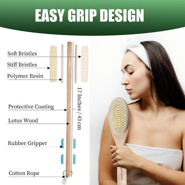 Back Scrubber, 43cm Long Wooden Double-Sided Shower Body Brush with Soft and Stiff Bristles for Exfoliating Skin