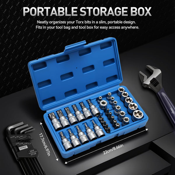 34-Piece 3/8'' Drive Torx Star Bit sockets CR-V E-Socket Set, E4-20, T10-60, Tamper Proof Set TT10-TT55, 5/16"F to 3/8"M adapter with Storage