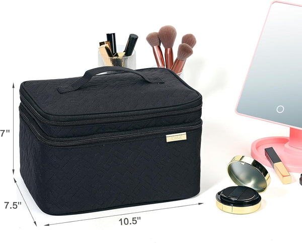 NISHEL Large Makeup Bag Organizer, Double Layer Cosmetic Travel Case Black Large