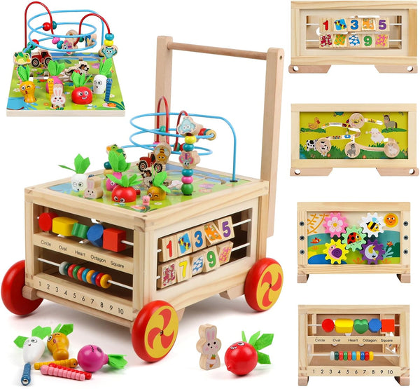 Wooden Activity Cube 7-In-1 Montessori Toy Multipurpose Educational Learning Toy for 1+ Year Old Baby Toddler Kid Boy First Birthday Gift Bead