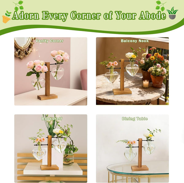 XXXFLOWER Plant Propagation Station Terrarium Wooden Stand 2 Love Bulb Vase Transparent
