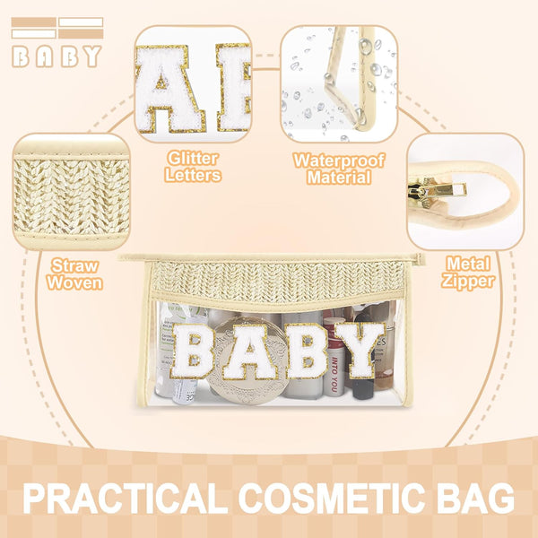 Small Boho Straw Clear Baby Makeup Bags for Women&Girls, Zipper Cosmetic Bag Chenille Varsity Letter Patch Bag, Preppy Cute Toiletry Pouch, Trendy