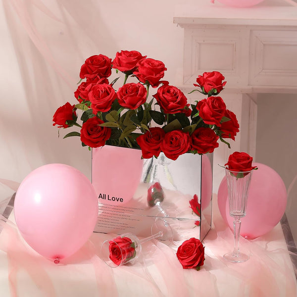 Hawesome 12PCS Artificial Silk Flowers Realistic Roses Bouquet Long Stem for Home Wedding Decoration Party (Red, 6 Flowers 6 Buds) Red 6 Flowers 6