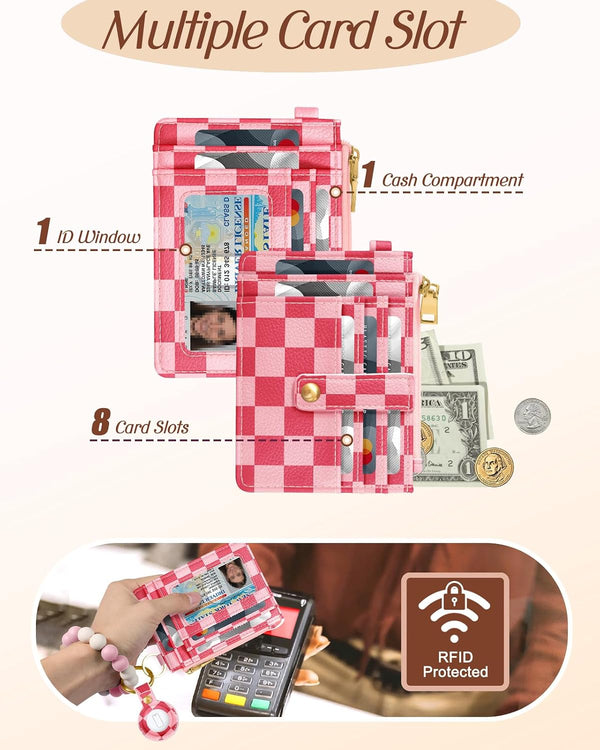 Wallet Keychain Wristlet for Women with Airtag Holder - Cute Design Credit Card Holder Wallets Key Chain Ring Slim Small RFID Air Tag Coin Pocket