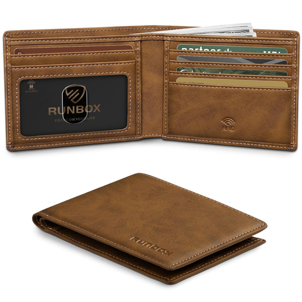 RUNBOX Wallet for Men,Mens Wallet,Slim Leather Bifold,Rfid Blocking 8 Slots Gift Box