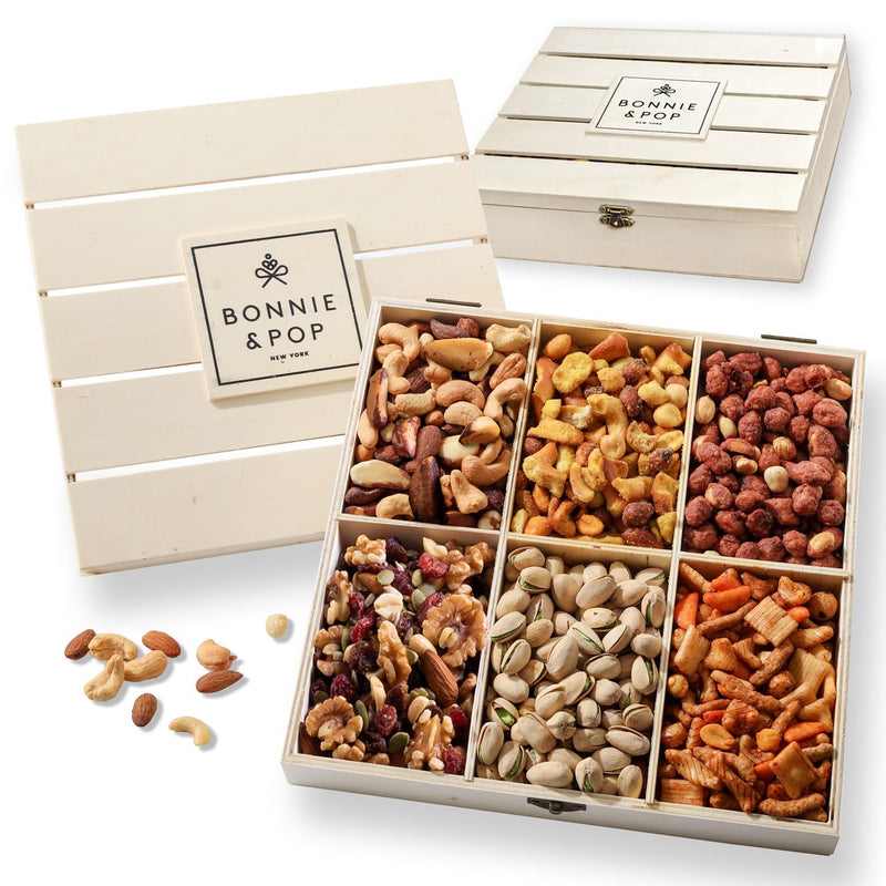 Nut Gift Basket, in Reusable Wooden Crate, Healthy Fathers Day Gift Option, Gourmet Snack Food Box, with Unique Flavors, Great for Feel Better,