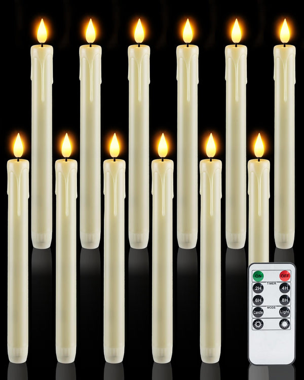 Homemory 12 Pcs Plastic Flameless Taper Candles with Remote Timer Dimmer, Ivory Led Candlesticks with Flickering Flame Light, Lifelike Taper