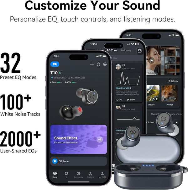 TOZO T10 Wireless Earbuds Bluetooth 5.3 Headphones, App Customize EQ, Ergonomic Design, 55H Playtime, Wireless Charging Case, IPX8 Waterproof