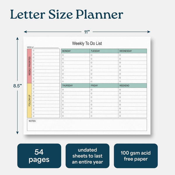 Large Weekly Planning Pad and Matching Notepad, 52 Letter Size Tear-Off Sheets, 8.5' X 11' Undated Weekly Desk Planner Pad, Daily Schedule, to Do