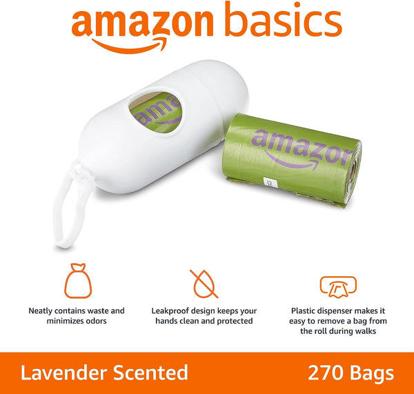 Amazon Basics Premium Leak Proof Dog Poop Bags with Dispenser and Leash Clip, Lavender Scented, 13" x 9", 270 Count (18 Rolls of 15) 270 Bags