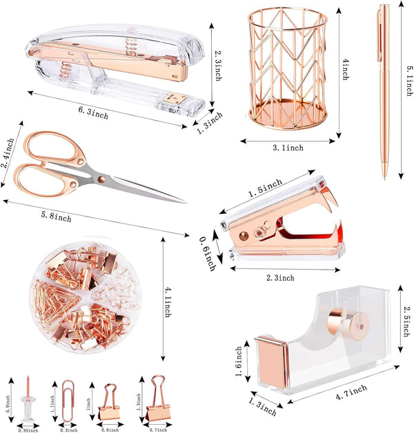Famassi Rose Gold Desk Accessories，Office Supplies Set Acrylic Stapler Set Staple Remover, Tape Holder, 2 Ballpoint Pen, Scissor, Binder/Paper