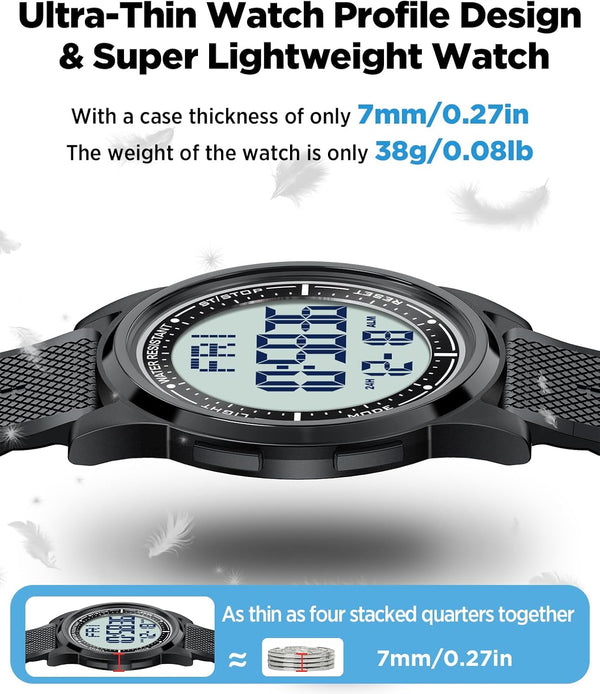 Beeasy Digital Watch Waterproof with Stopwatch Alarm Countdown Dual Time, Ultra-Thin Super Wide-Angle Display Digital Wrist Watches for Men Women