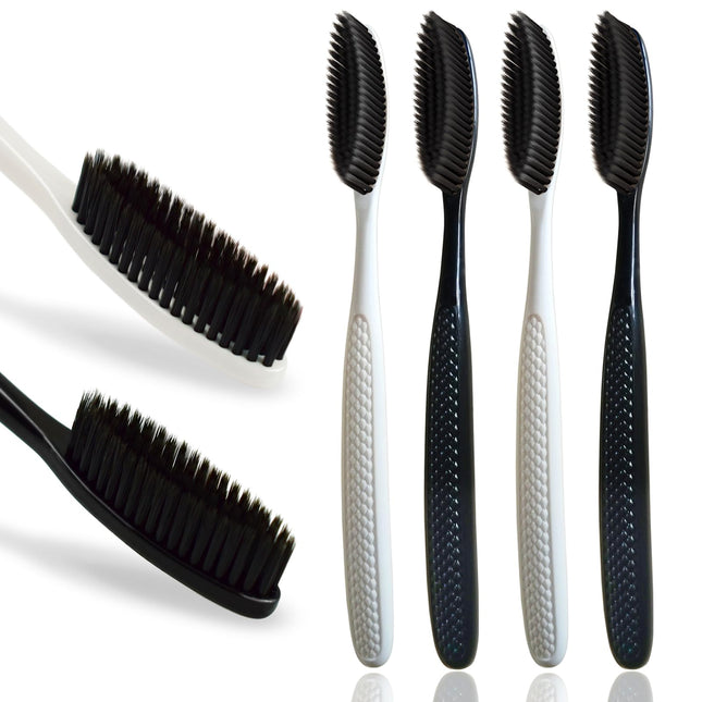 Large Long Head Toothbrush, 4-Pack, Upgraded Hard & Firm Charcoal Bristles, Whit