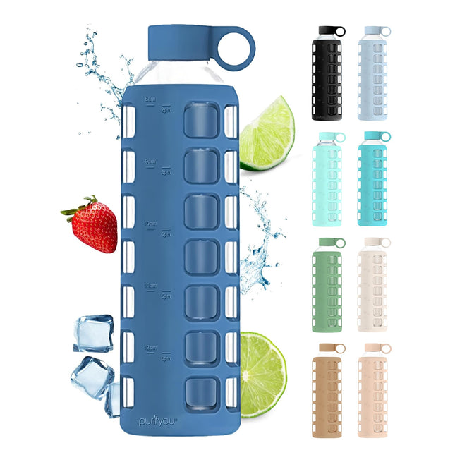Purifyou Premium 40/32 / 22/12 Oz Glass Water Bottles with Times to Drink and Vo