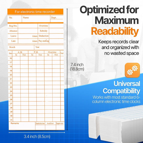 Flexzion Monthly Time Cards for Employees - Dual-Sided, Orange/Blue Attendance Tracker, 270-Piece Time Sheets Compatible with 6-Column Time Clock