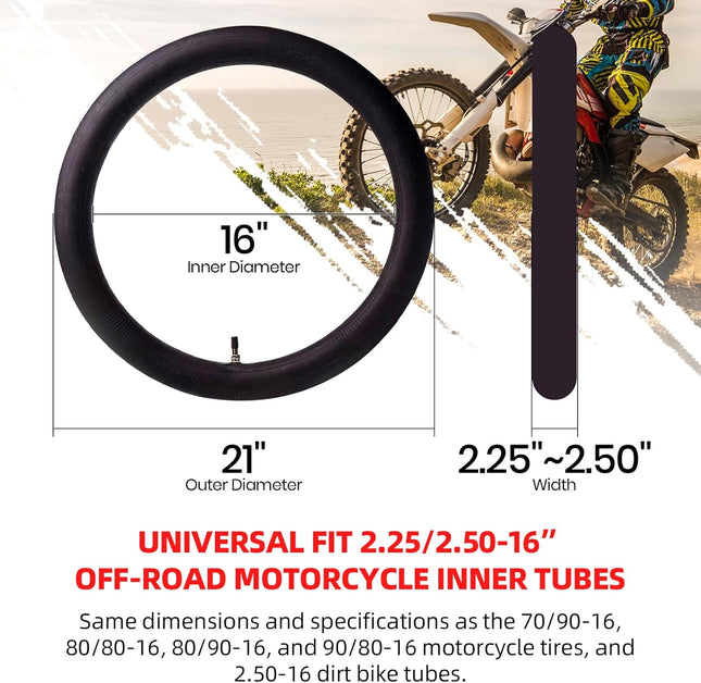 (2 Pack) AR-PRO 2.25/2.50-16” Off-Road Motorcycle Inner Tubes with TR4 Valve Stem - 70/90-16 Motorcycle Tire Replacement Inner Tubes - Compatible