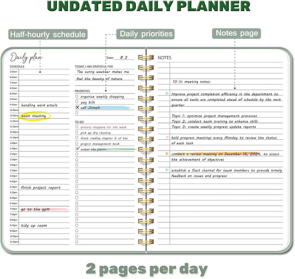 Undated Daily Planner with Hourly Schedule, to Do List Spiral Notebook, Easily Organize Your Work Tasks and Appointments, Perfect School or Office
