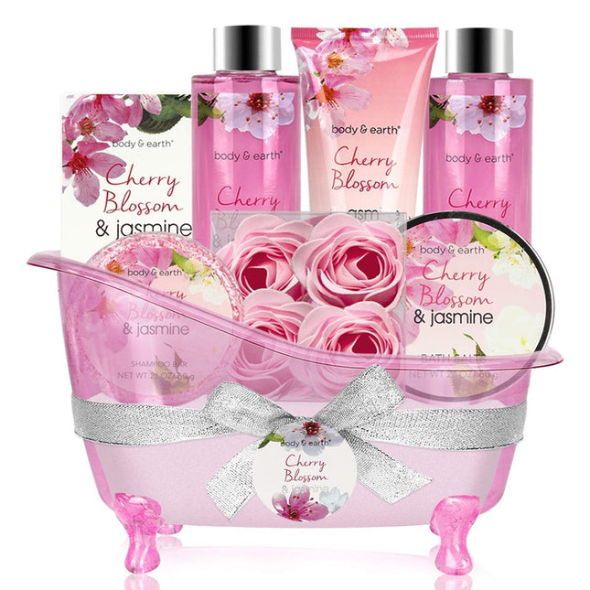Body & Earth Gift Baskets for Women Bath and Body Set for Her, Cherry Blossom & Jasmine Spa Gifts for Women , Birthday, 
