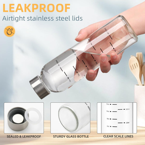Glass Water Bottles with Lids 17 Oz, Clear Juice Bottles with Stainless Steel Cap, Reusable Glass Drinking Bottle for Juicing, Refrigerator,100%