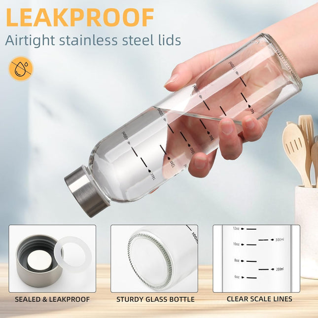 Glass Water Bottles with Lids 17 Oz, Clear Juice Bottles with Stainless Steel Ca