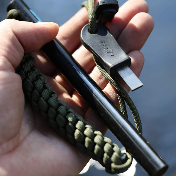 6" Survival Ferro Rod Drilled Flint Fire Starter and Striker Kit | 1/2 x 6 Inches Large with Striker-Pro Striker Paracord Landyard Handle for