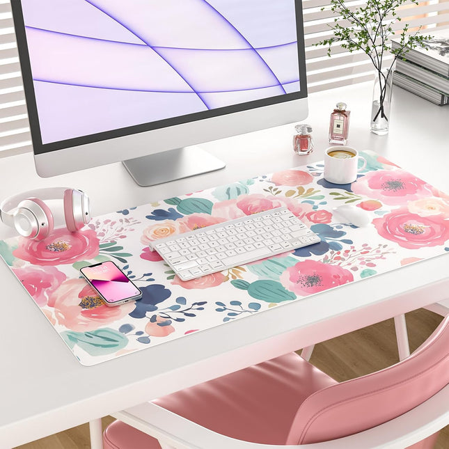 Colorful Star Large Mouse Pad, Pink Floral Desk Mat for Desktop, Women Girls Flo