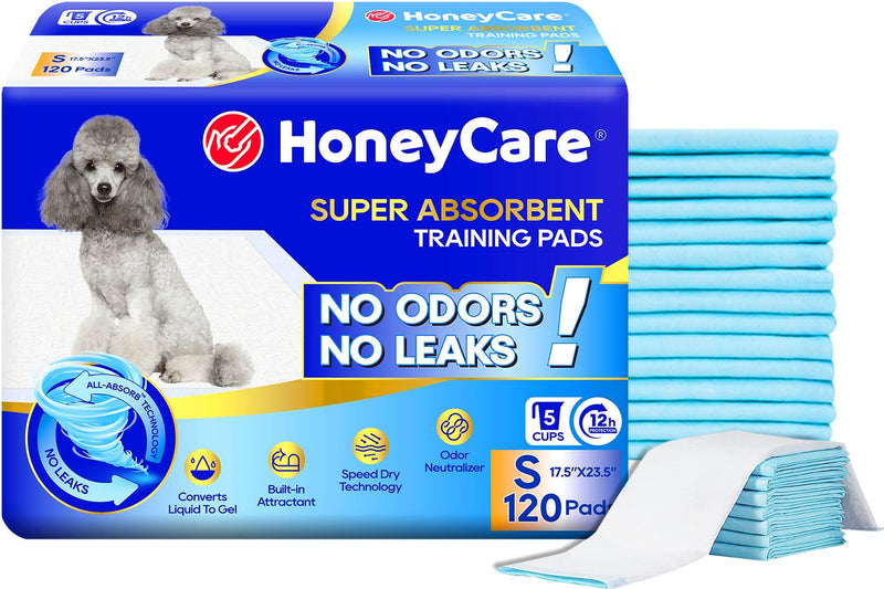 Honey Care All-Absorb, Small 17.5" X 23.5", 120 Count, Dog and Puppy Training Pads, Ultra Absorbent and Odor Eliminating, Leak-Proof 5-Layer Potty