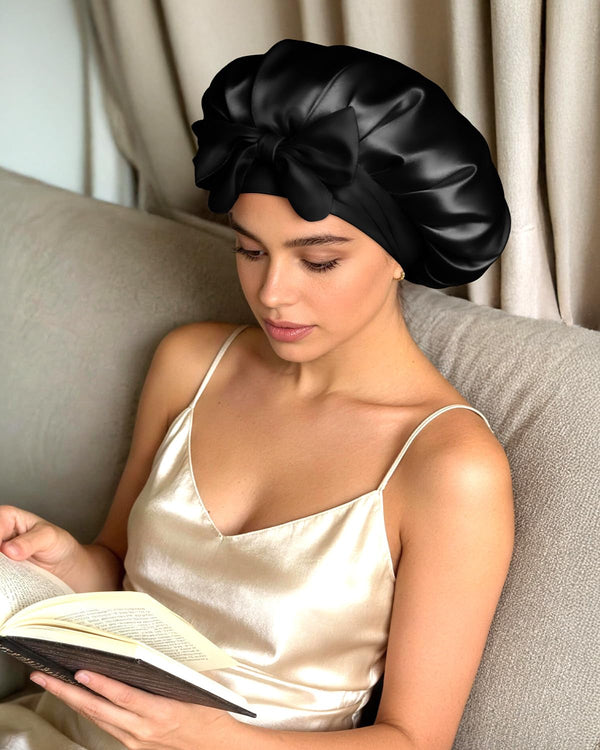 BONNET QUEEN Double Layer Silk Bonnet for Sleeping for Women Satin Lined Bonnet Night Cap for Curly Hair with Tie Band,Black Medium Black
