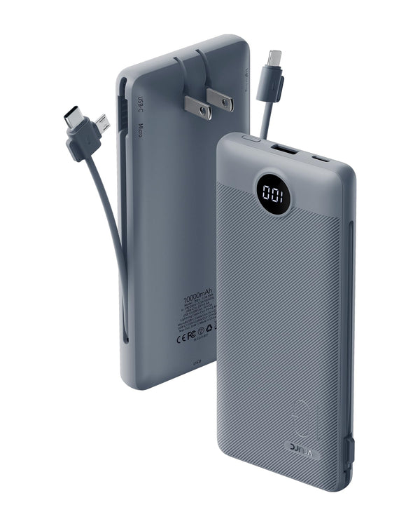 VRURC Portable Charger Built-In Cables and AC Wall Plug, USB C Power Bank 10000Mah, Travel Battery Portable Phone Charger Compact Lightweight