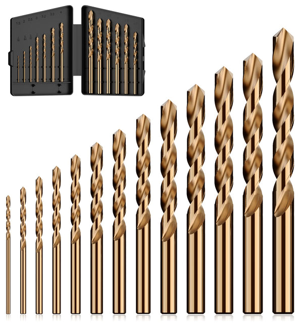 Cobalt Drill Bit Set, 13Pcs M35 High Speed Steel Jobber Length Drill Bit Kit for Hardened Metal, Stainless Steel, Cast Iron, Wood and Plastic,