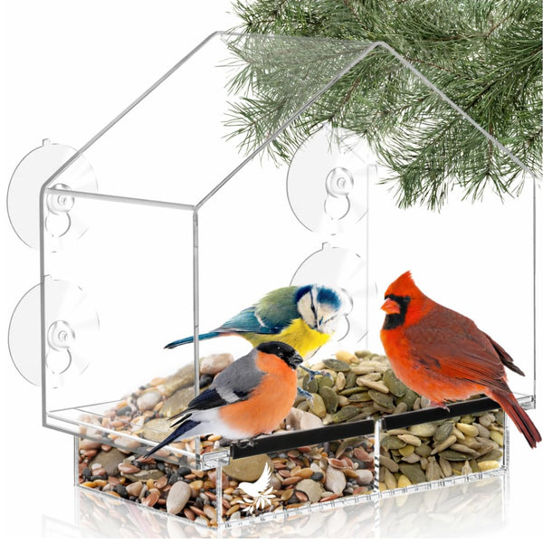 Window Bird Feeder with Strong Suction Cups, Clear Window Feeders for Outside - Transparent Bird House, Balcony Glass Mount, Acrylic Cat, Kids &