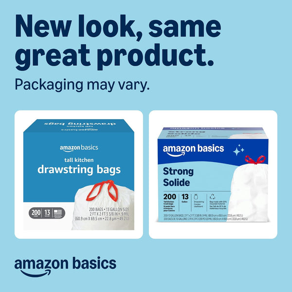 Amazon Basics Trash Bags, Tall Kitchen Drawstring, Unscented, 13 Gallon, 200 Count, Pack of 1, Packaging May Vary Unscented 200 Count (Pack of 1)