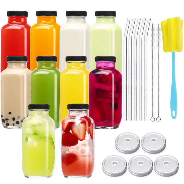 CUCUMI 10Pcs 16Oz Glass Juice Bottles with Lids, Reusable Juice Containers Drinking Jars Water Cups with Brush, Glass St