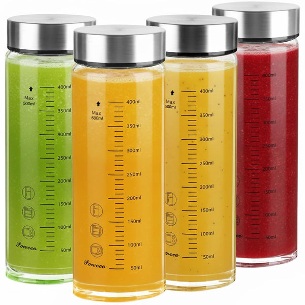 Glass Juice Bottles 4 Pack 16 Oz - Wide Mouth Glass Water Bottles with Lids - for Juicing, Protein, Smoothie, Milk, Reusable, BPA Free, Stainless