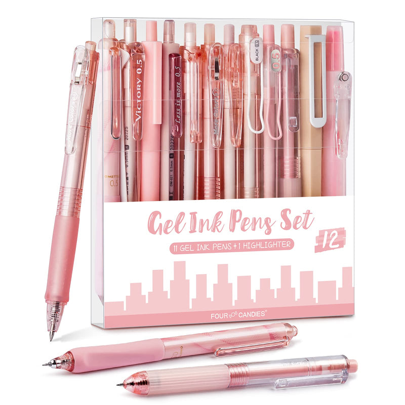 Four Candies Cute Pink Pens, Black Gel Ink, Rose - 12ct, 0.5mm Fine Point | Back to School Supplies, Nurse Essentials, Office Decor for Women,