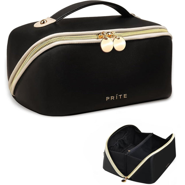 Prite Makeup Bag for Women Travel Waterproof Vegan Leather Cosmetic Bag Open Fla