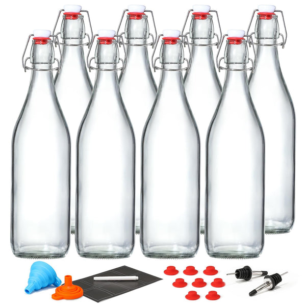 8 Pack [1 Liter / 33 Fl. Oz.] Swing Top Glass Bottles W/ Airtight Stopper Lids â Flip Top Brewing Bottle for Fermentation, Kombucha, Mead,