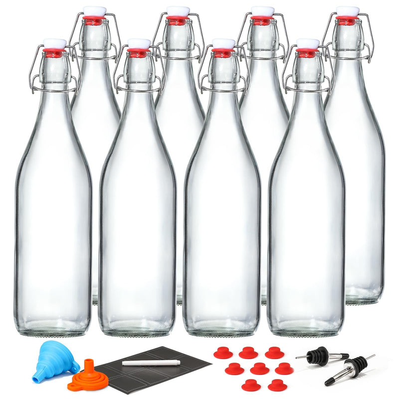 8 Pack [1 Liter / 33 Fl. Oz.] Swing Top Glass Bottles W/ Airtight Stopper Lids â Flip Top Brewing Bottle for Fermentation, Kombucha, Mead,