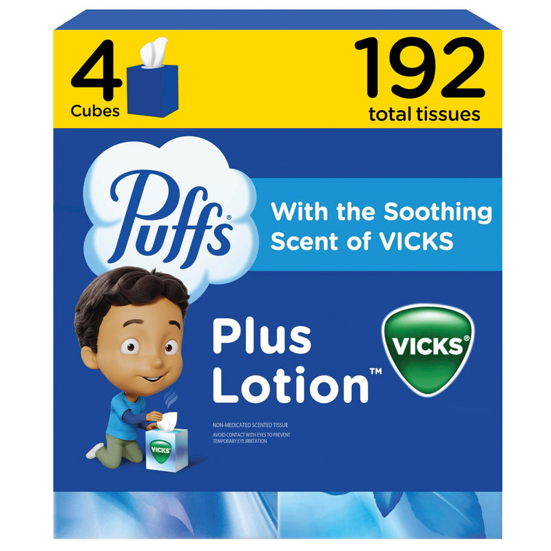 Puffs Plus Lotion with Vicks Facial Tissues, 4 Cubes, 48 Tissues per Box (192 Tissues) [Packaging May Vary] 48 Count (Pack of 4)