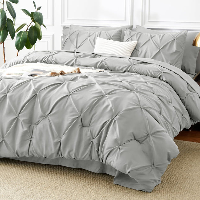 Cozylux King Size Comforter Set Light Grey, 7 Pieces Pintuck Bed in a Bag Gray C