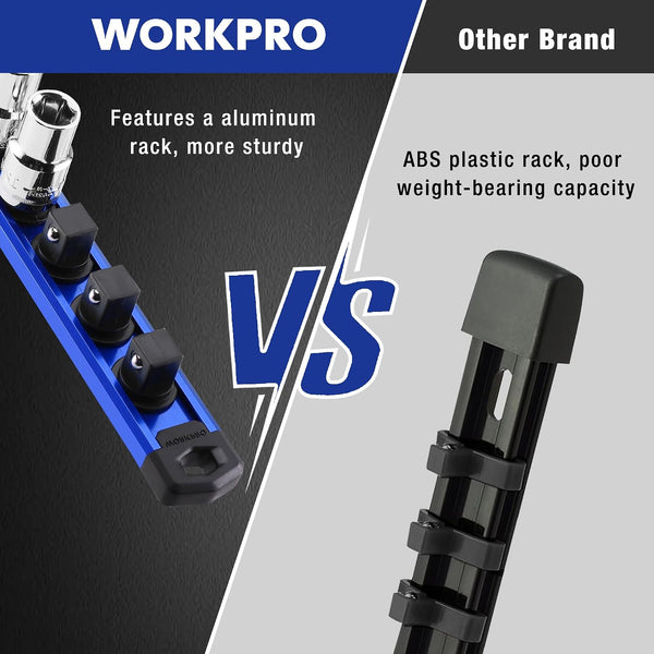 WORKPRO Magnetic Socket Organizer, Heavy Duty 3/8-Inch Drive Socket Rail | Aluminum Alloy, 10 Pieces Clips, Rotatable & Movable Clips, Efficient