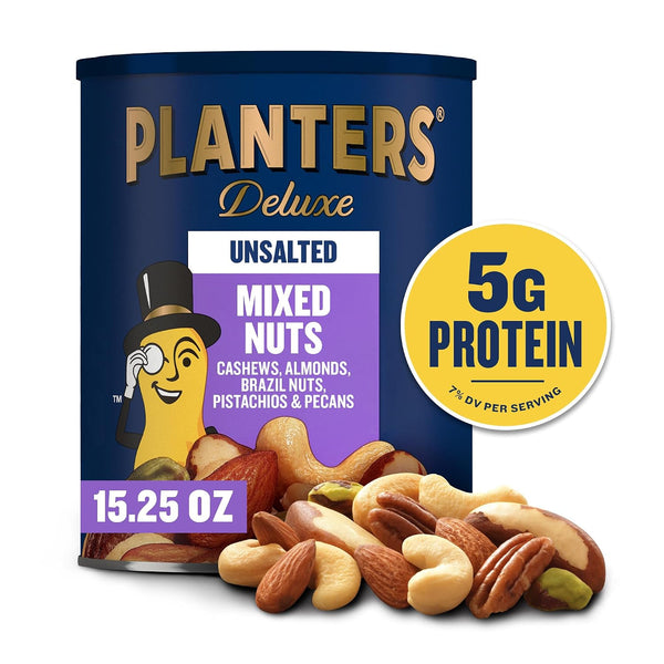 PLANTERS Deluxe Unsalted Mixed Nuts, Plant Based Protein, 15.25 Oz (1 Ct) Unsalted 15.25 Ounce (Pack of 1)