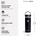 Hydro Flask Water Bottle - Insulated Stainless Steel - Wide Mouth Flex Lid, Non Spill, Leakproof and Refillable in 20 Oz 20 Oz White