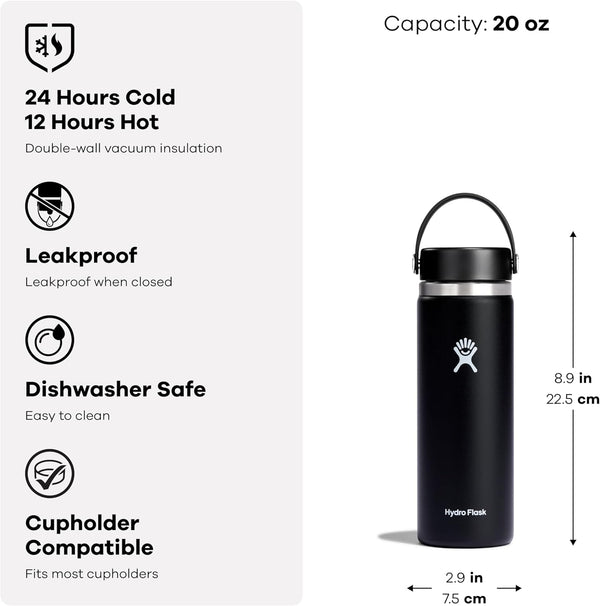 Hydro Flask Water Bottle - Insulated Stainless Steel - Wide Mouth Flex Lid, Non Spill, Leakproof and Refillable in 20 Oz 20 Oz White