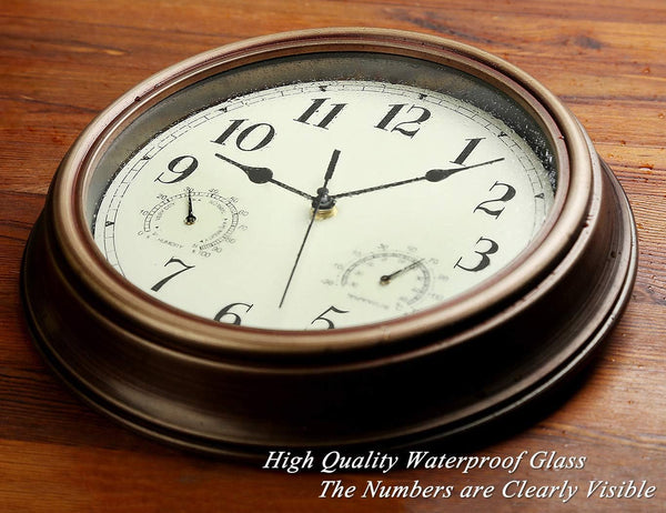 Rsobl 12 Inch Indoor Outdoor Wall Clock Waterproof with Temperature and Humidity Combo,Battery Operated Non Ticking Silent Clock Wall Decorative